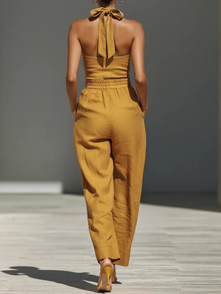 Hollow Patchwork Chic Halter Jumpsuit — Black | KIMLUD