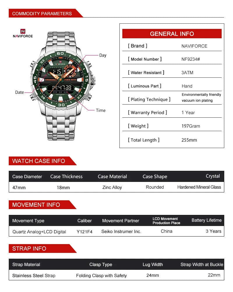 KIMLUD, NAVIFORCE Fashion Brand Black Gold Men Watch Fashion Luxury Quartz Wrist Watches Sport Waterproof Stainless Steel Strap NF9234, KIMLUD Womens Clothes