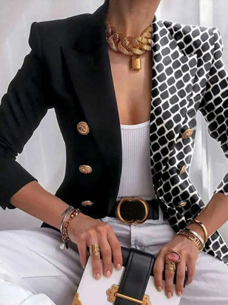 KIMLUD, Long Sleeve Button Patchwork Simple Outerwear, Women Spring Autumn Turn-Down Collar Chic Coats, New Print Fashion Ladies Blazers, KIMLUD Womens Clothes