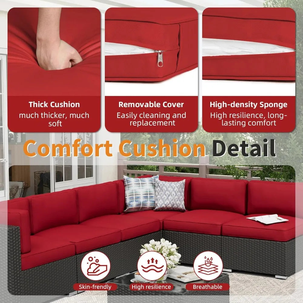 Rattan Outdoor Sofa Set 7-Piece With Glass Top Table — Red | KIMLUD