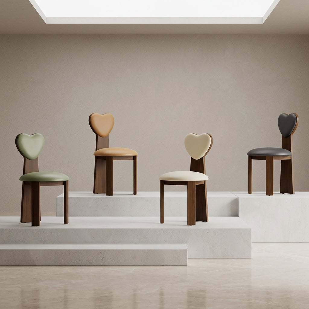 Set of four unique chairs with different designs on a plain background