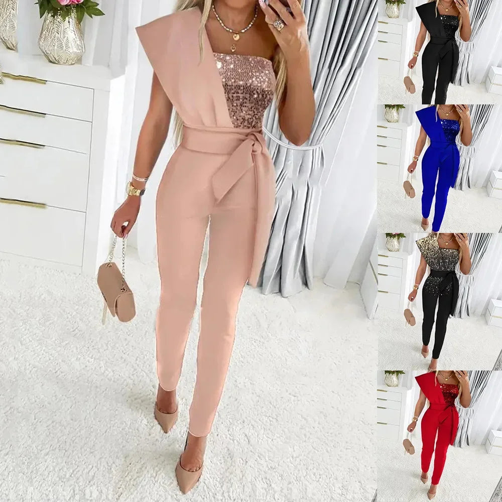 Summer Bodysuit Sexy Party Overalls Solid Sleeveless Women Jumpsuit Long Pants Rompers Lace-up Slim-fit Sequin Women's Trousers