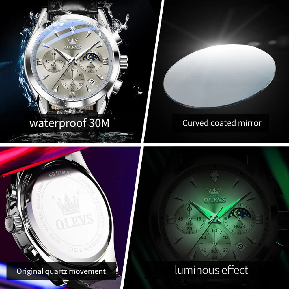 OLEVS Luxury Men's Watches Leather Strap Waterproof Luminous Chronograph Moon Phase Man Watch Top Original Quartz Watch for Men