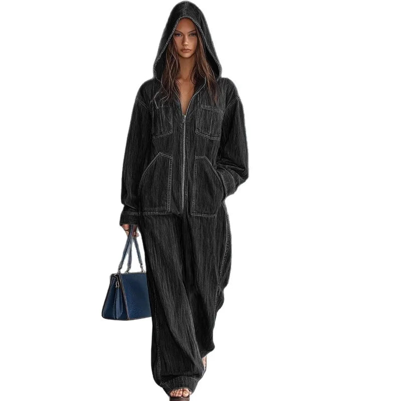 Autumn Winter Hooded Jumpsuits for Women Hoodie Long Sleeve Zip Loose Pocket Wide Leg Trousers One Piece Romper Vintage Outfits