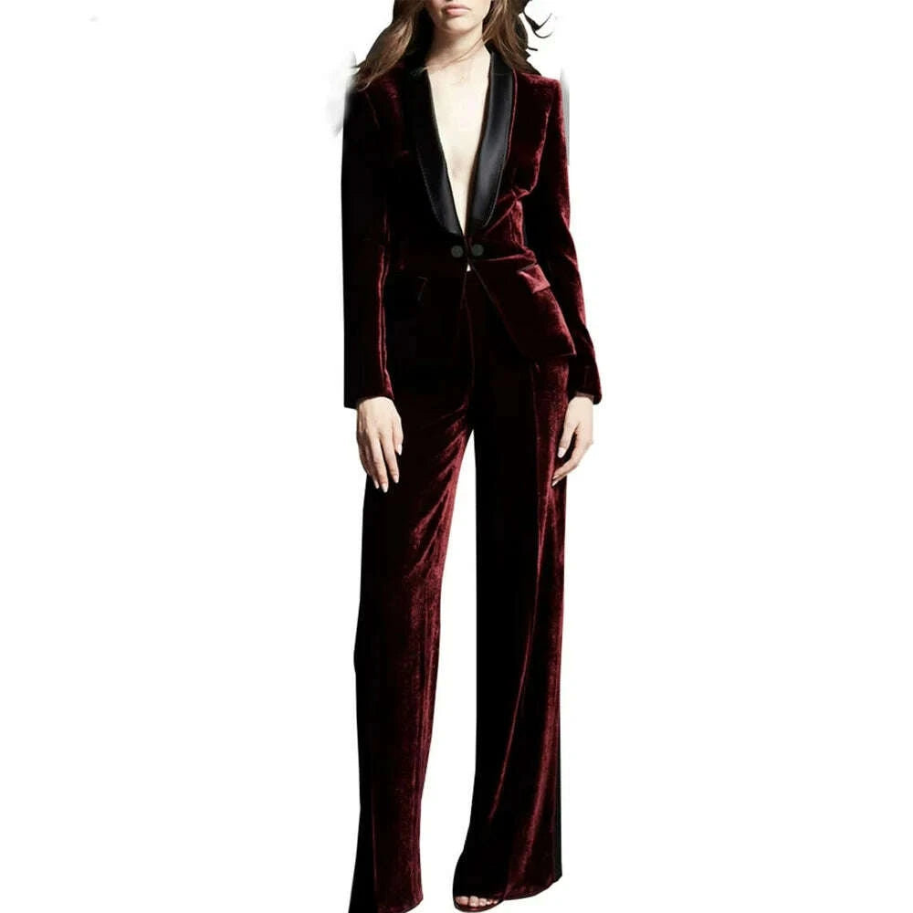 KIMLUD, Burgundy Velvet Women's suit 2 Pcs Shawl Lapel Blazer+Pants Velour Prom Suit Wedding Tuxedos Pant Sets, KIMLUD Womens Clothes