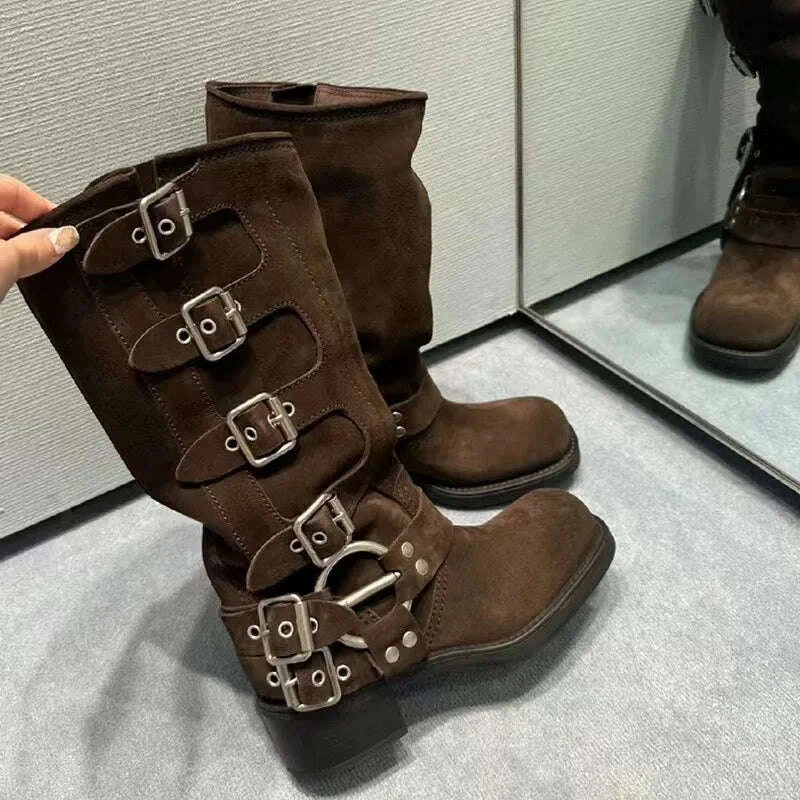 KIMLUD, Punk Woman Clasp Buckle Brown suede Knee Boots Side Metal Buckles Motorcycle Boots Women Square Toe Lady Ridding Boots, KIMLUD Womens Clothes