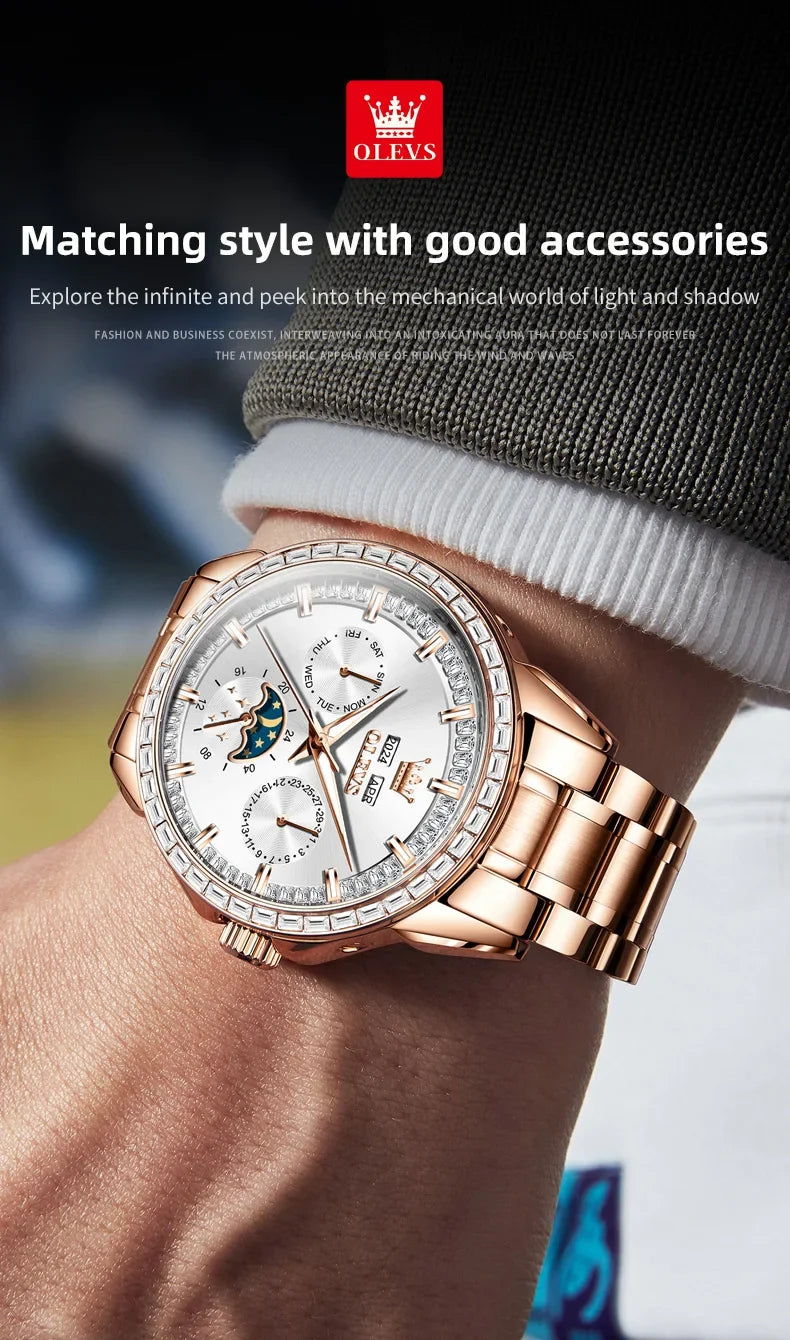 OLEVS 6695 NEW Men's Watches Full Multifunctional Dial Blue Leather Strap Calendar Week Moon Phase Waterproof Wristwatch