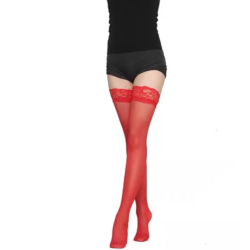 Nylon Stockings Lace Trim Thigh High — Black | KIMLUD