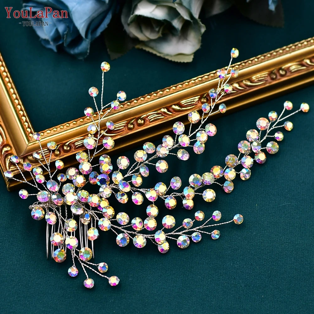 AB Rhinestone Bridal Hair Comb Wedding Accessory — Silver | KIMLUD