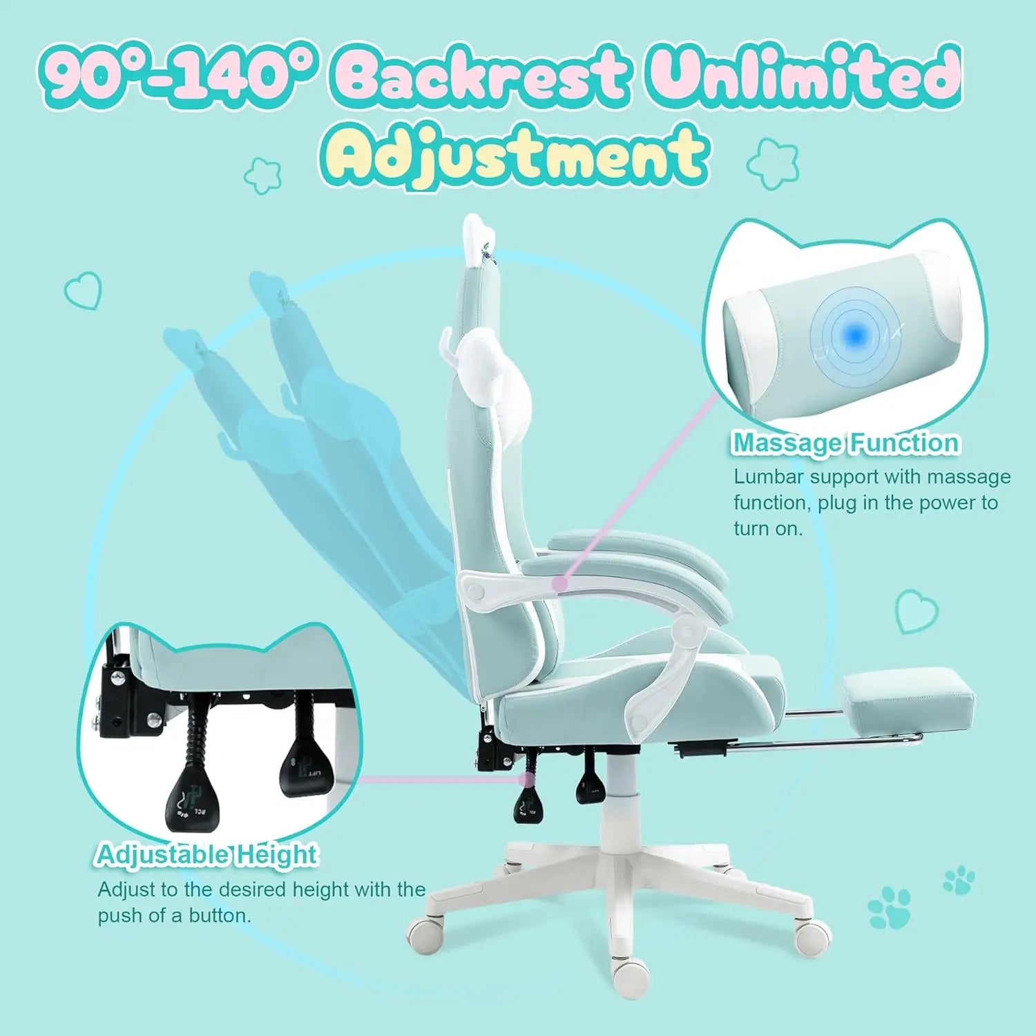 Cute Cat Ear Gaming Chair with Massage Lumbar Support, Ergonomic Reclining Computer Chair for Girls and Adults, Blue Green