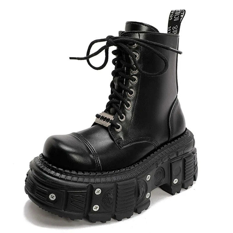 KIMLUD, Women Punk Boots Platform Personalized Design Shoes Leather Cool Boots Retro Chunky High Quality Lace Up Casual Outdoor Shoes 42, KIMLUD Womens Clothes