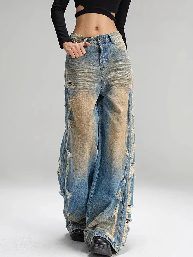 Jeans Ripped Tassel Wide Leg Denim — Blue | KIMLUD