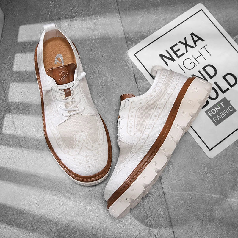 Men's Brogue Knit Oxford Sneakers, Breathable Lightweight Casual Dress Walking Shoes, Soft Cushion Non Slip Platform Fashion Sne