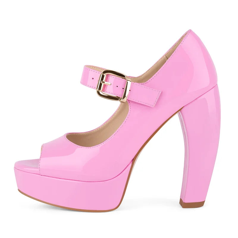Pumps - Platform Patent Leather Chunky Heel - Round Toe | KIMLUD