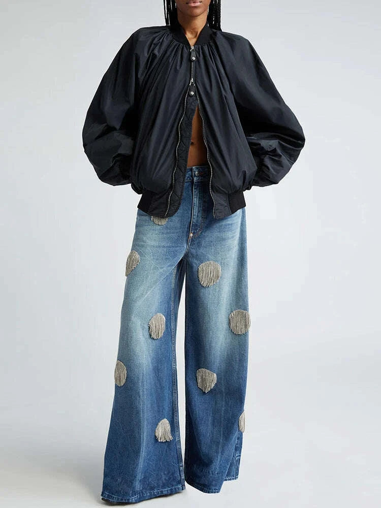 KIMLUD, TWOTWINSTYLE Solid Patchwork Tassel Chic Denim Pants For Women High Waist Spliced Button Wide Leg Straight Pants Female Fashion, KIMLUD Womens Clothes