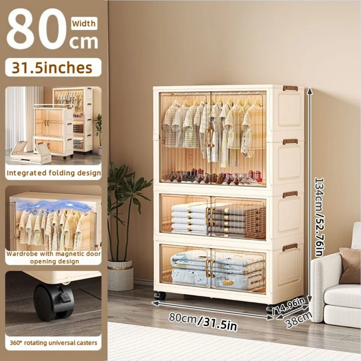 80cm no-installation folding storage cabinet, bedroom children's wardrobe, multi-layer storage box with wheels