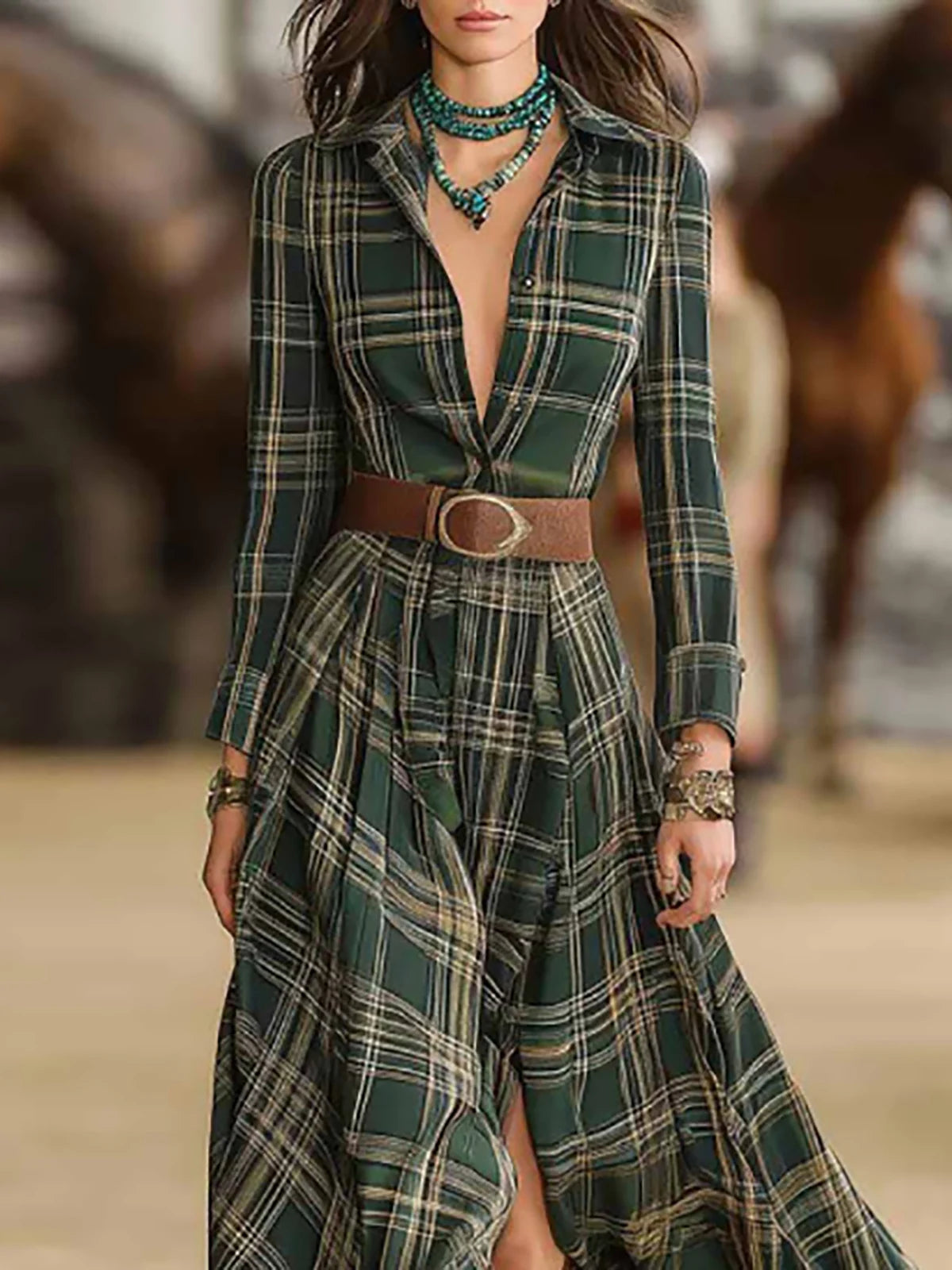 Elegant Western Vintage Plaid Women Shirt Dress Single-breasted Lapel Long Sleeve Maxi Robe A-Line Autumn Long Dresses Vestidos