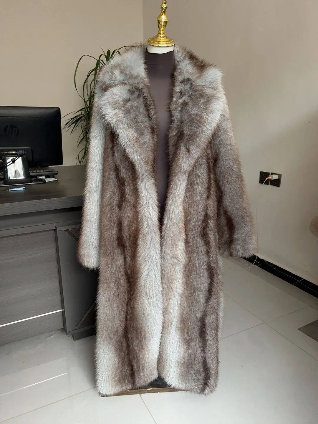 Faux Fur Coat - Long Waistband Design - Faux Fur - Large Collar | KIMLUD