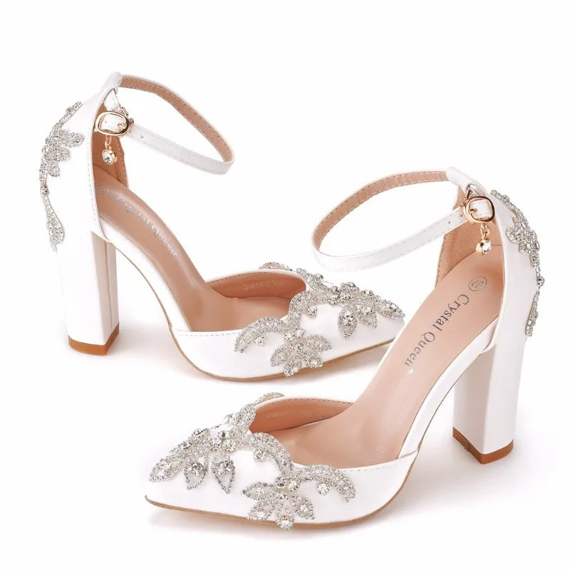 PU Sandals Rhinestone Flower Embellished Square Heel — White | KIMLUD