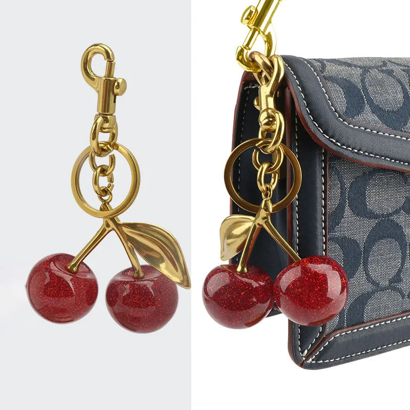Crystal Cherry Bag Charm Keychain With Faceted Crystals And Platinum-Tone Metal — Cherry Red | KIMLUD