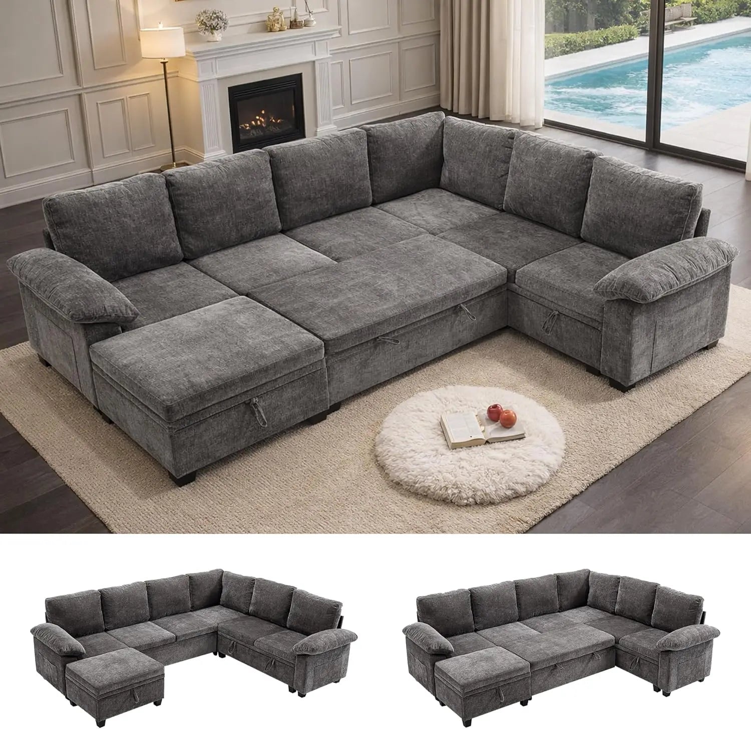 108 Inch Sectional Sleeper L Shaped Sofa with Pull Out Bed, 7 Seat Modular Sectional Sofa with Storage, Modern Chenille Cloud Co
