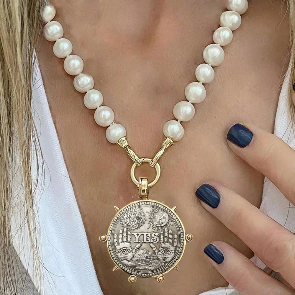 Pendant Necklace – Vintage Horse Coin Pendant – Pearl | KIMLUD