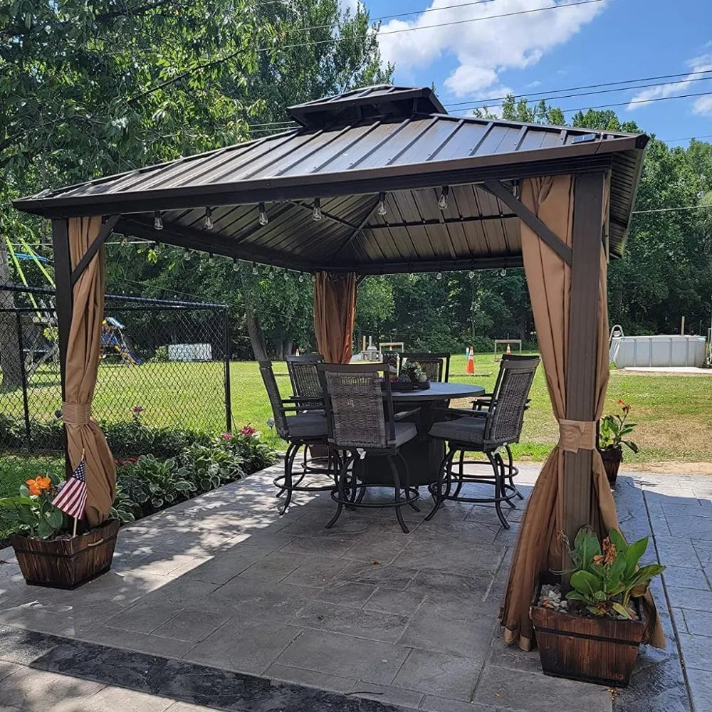 Galvanized Steel Outdoor Double Roof Gazebo — Brown | KIMLUD