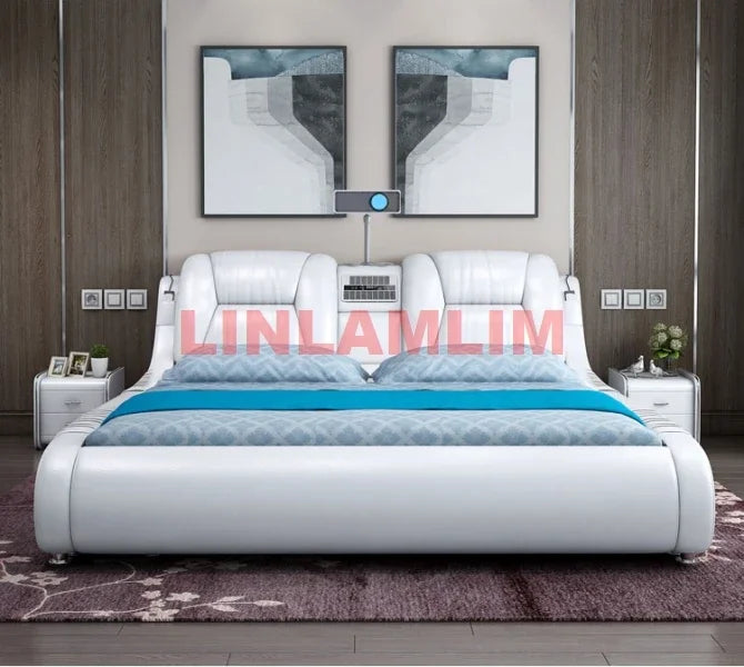 Genuine Leather Bed Frame With Built In Storage And Bluetooth — White | KIMLUD
