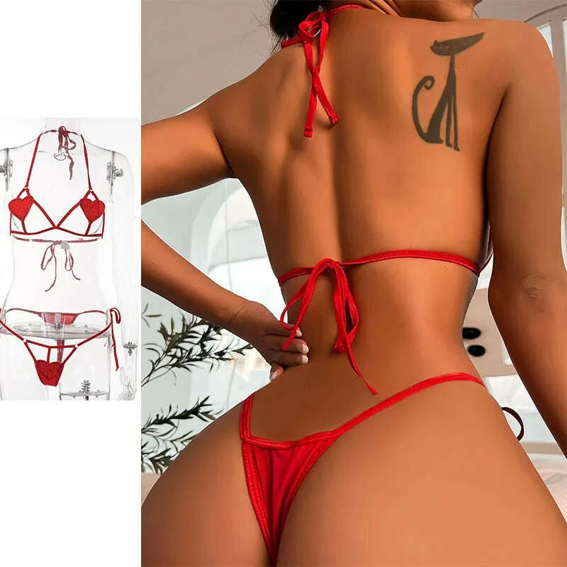 KIMLUD, Sexy Fancy Bow Tie Underwear Women Sexy Lingerie Lace Hollow Out Bra Set Erotic Bikinis Porn 2Piece Sex Set Transparent Clothes, KIMLUD Womens Clothes