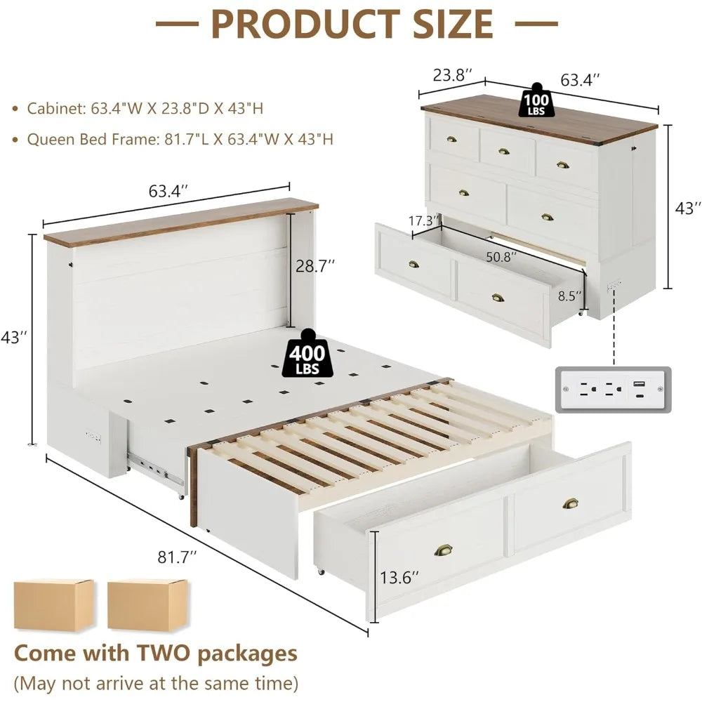 Queen Size Murphy Bed, Farmhouse Wooden Cabinet with Charging Station and Storage Drawer for Bedroom/Office/Guest Room,