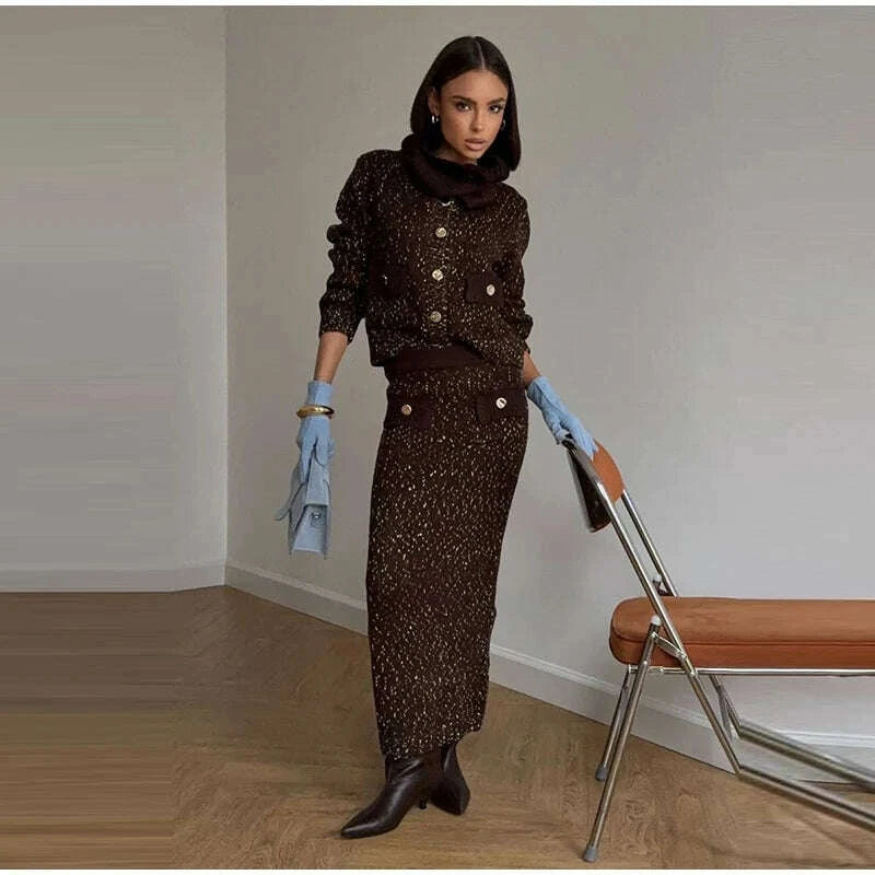 Fashion Knitted Long Skirts Sets Women Lapel Full Sleeve Single Breasted Sweater Hip Package Slim Skirt 2026 Spring Lady Outfits