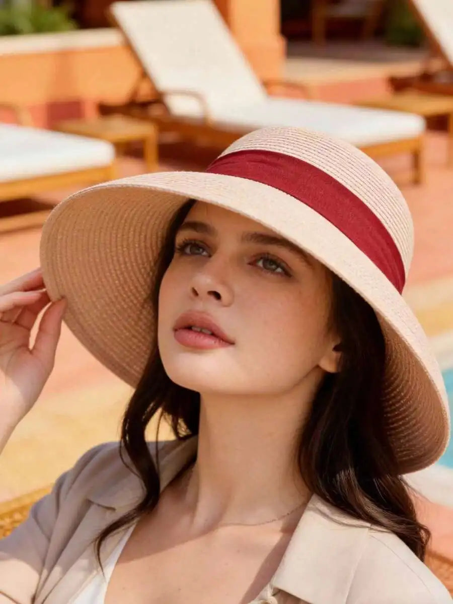 Womens Solid Color Wide Brim Straw Hat With Red Band French Elegant Casual Sun Protection Hat For Beach Vacation Travel
