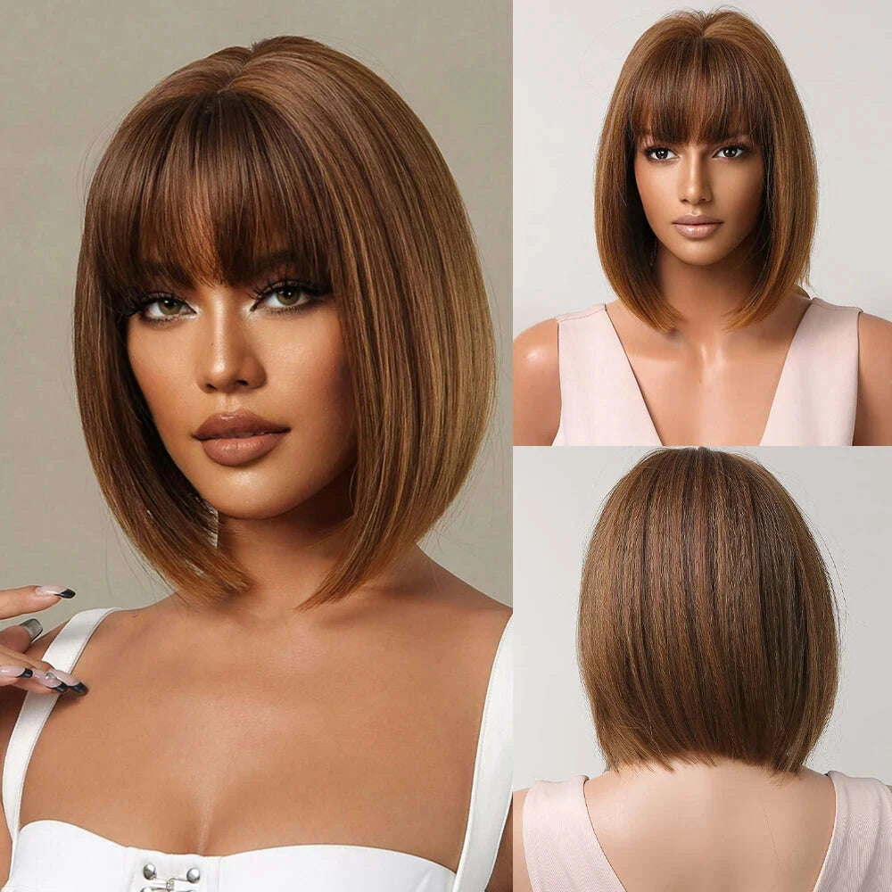 KIMLUD, Short straight synthetic wig Ginger Brown Bob wig with straight bangs Ladies Cosplay daily natural high temperature silk wig, KIMLUD Womens Clothes