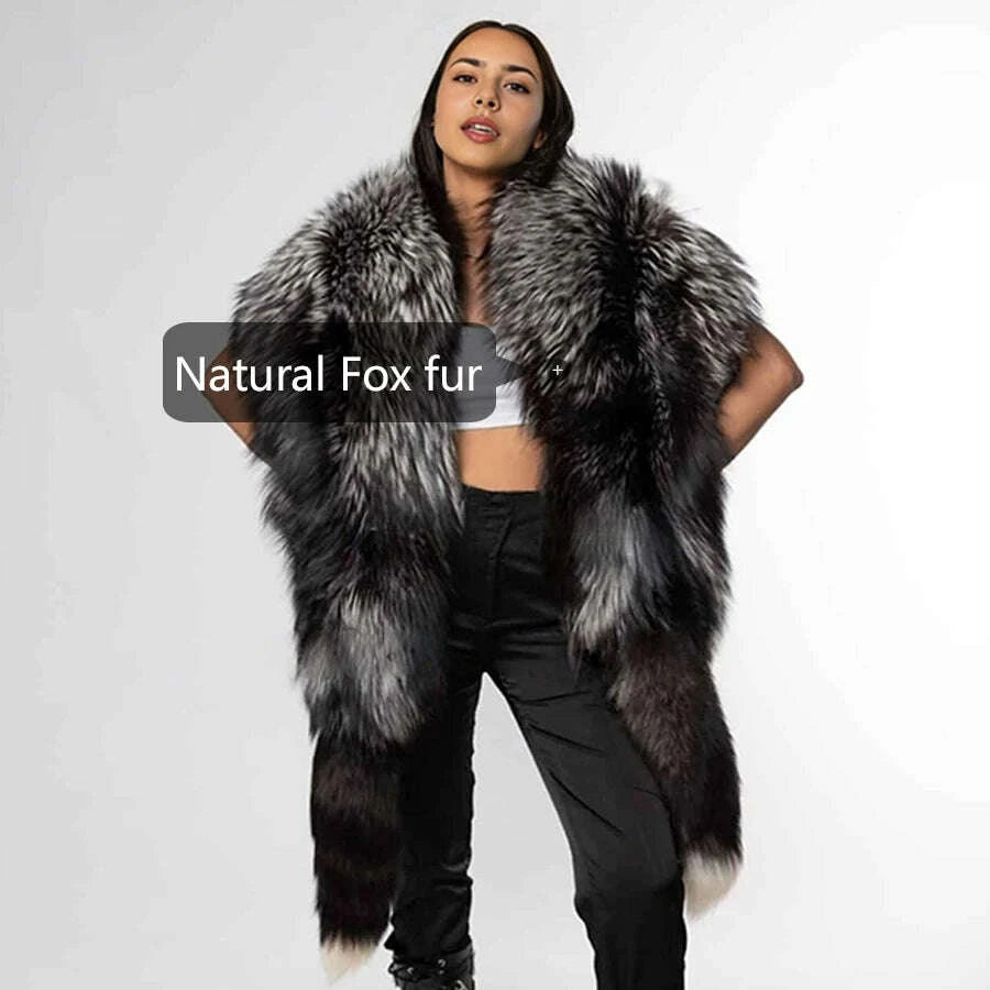 KIMLUD, Real Silver Fox Fur Coat For Women Real Long Fox Fur Cape With Tails Real Fox Fur Shawl Best Selling Natural Fur Jacket, KIMLUD Womens Clothes