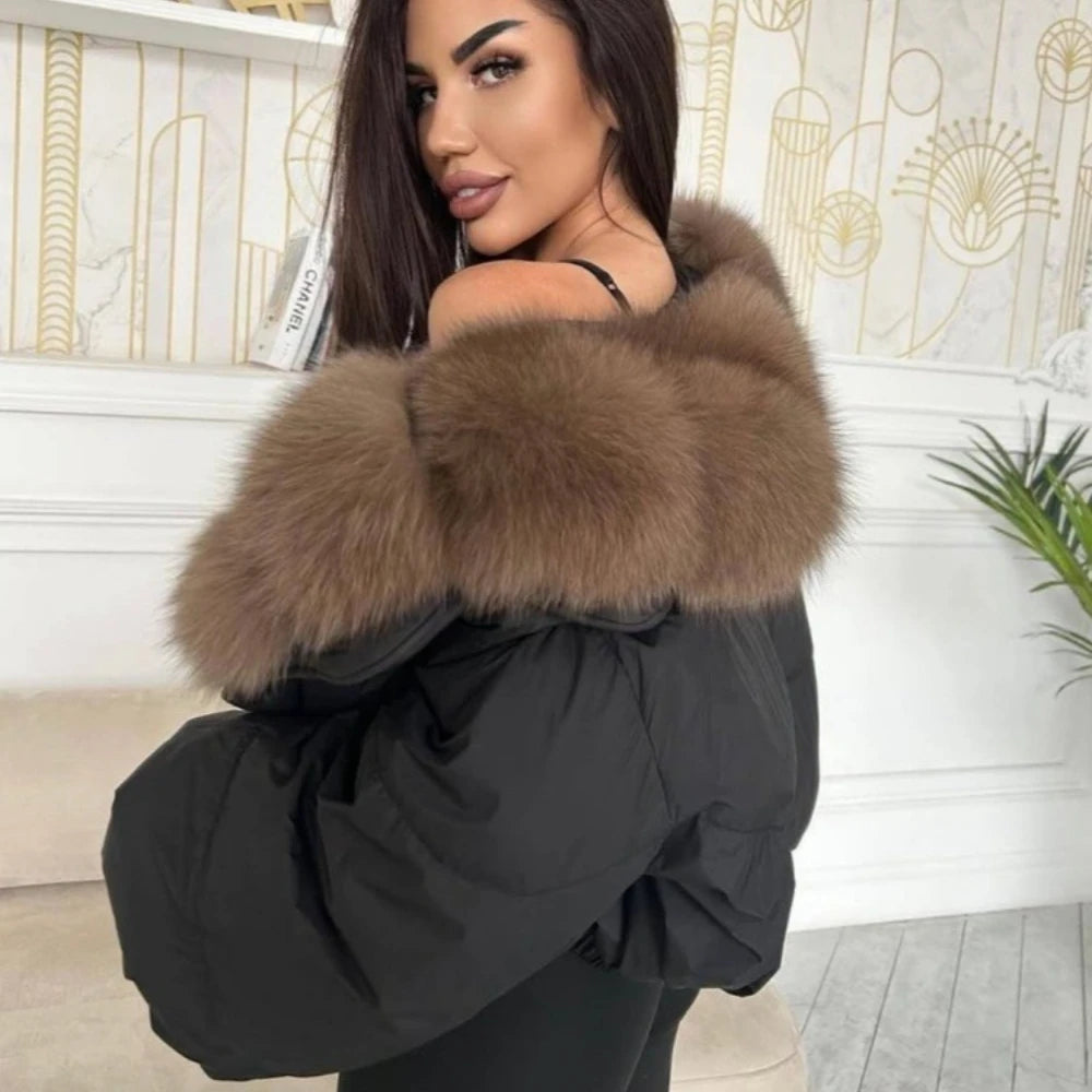 Down Coat – Real Fox Fur Trim – Duck Down – Natural | KIMLUD