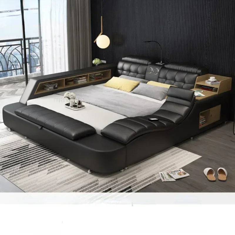 -Genuine Leather Bed Frame Soft Beds Massager Storage Safe Speaker Led Light Bedroom Recharging Bluetooth Safe Usb