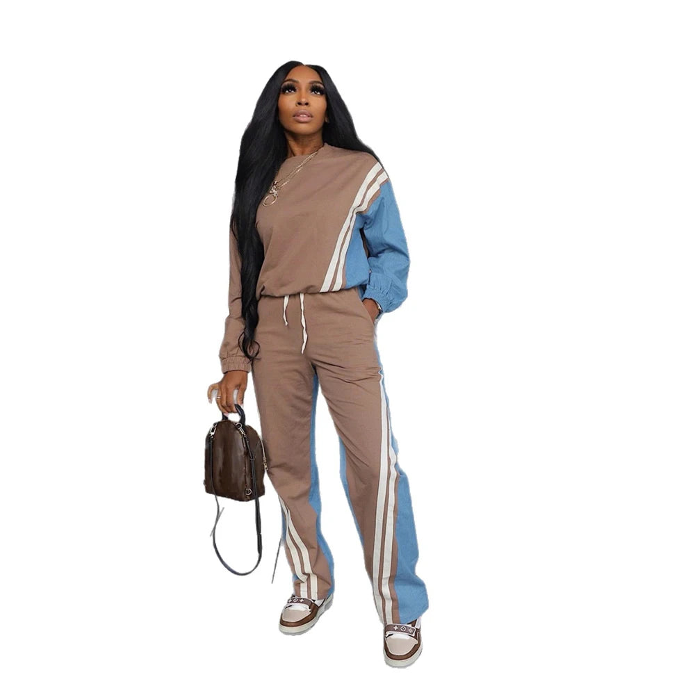 Sweatsuits for Woman 2025 Fall Sports Fashion Color Block Stripe Full Sleeve Sweatshirt and Drawstring Long Pants 2 Piece Sets