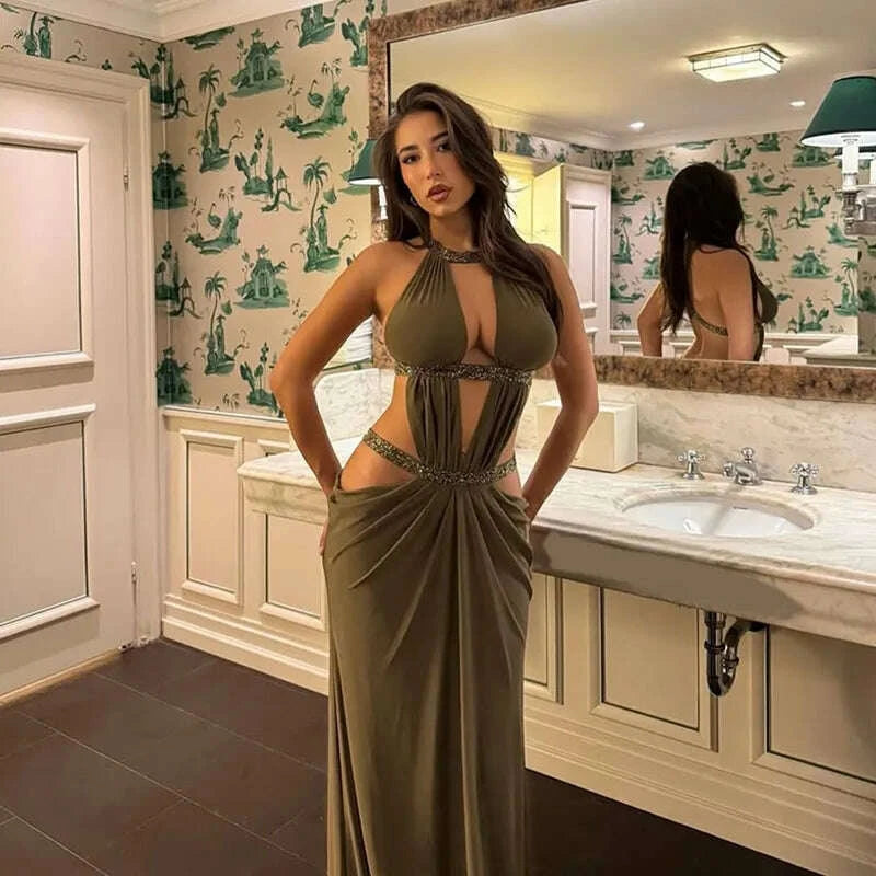 KIMLUD, Fashion Hollow Out Maxi Dress Women's Chic U-neck Long Sleeve Solid High Waist Slim Dresses 2025 Lady Sexy Party Vacation Gown, KIMLUD Womens Clothes