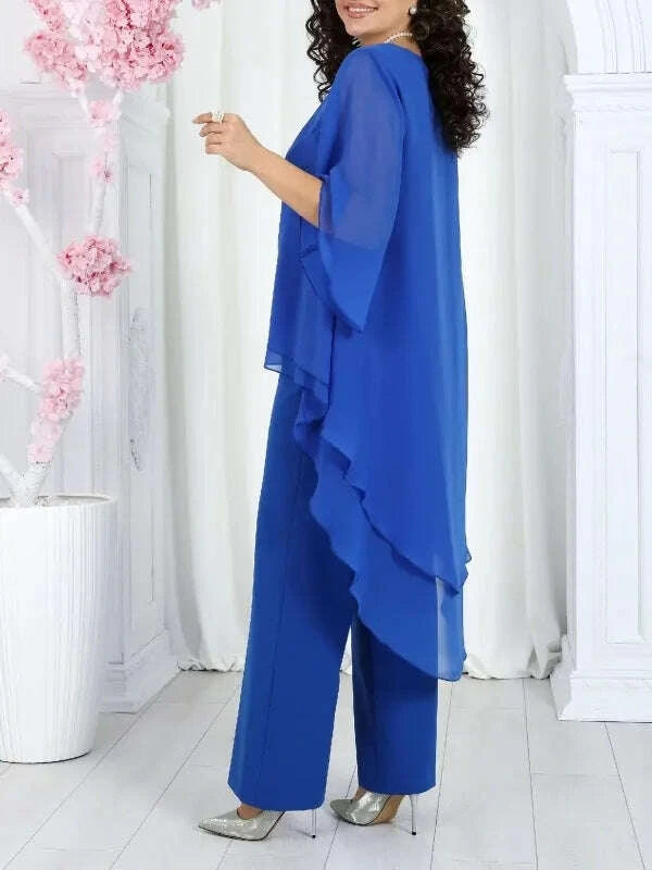 KIMLUD, Elegant 2 Pieces Sets Woman's Chiffon Solid Mid-Sleeve Layered ruffled edges Long Top & Straight-leg Trousers Pants Sets Outfits, KIMLUD Womens Clothes