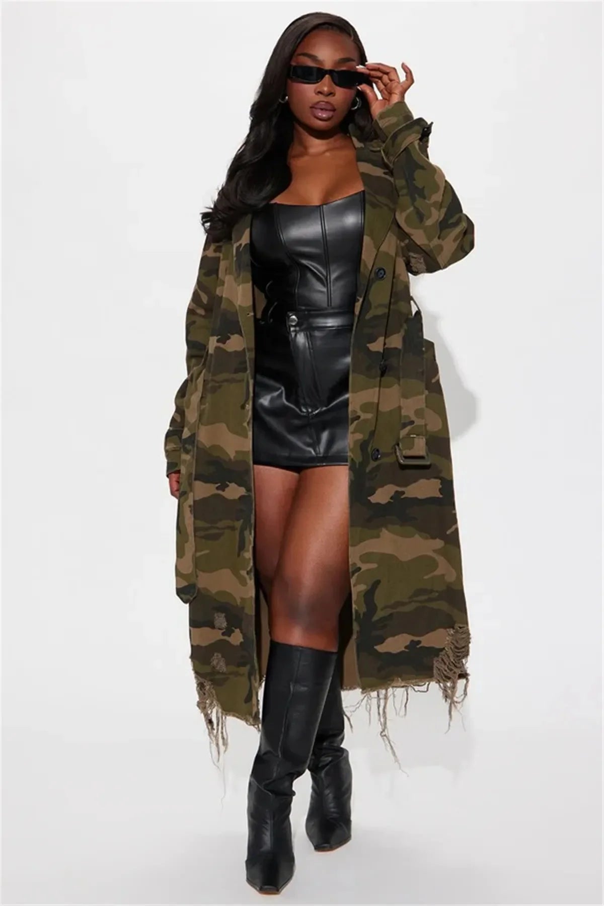 Camouflage Ripped Trench Jacket Long Coats Hole Windbreaker Sashes Single Breasted 2025 Women Streetwear Jackets Outerwear