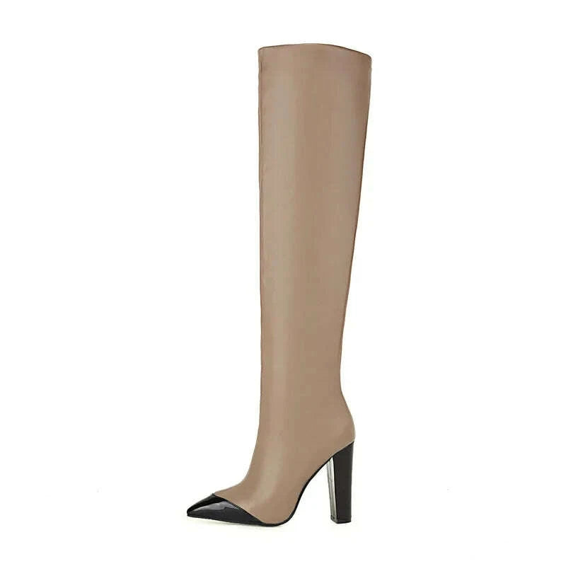 KIMLUD, Patchwork Pointed Toe Wrinkle Knee High Boots Block High Heels Fashion Leather Casual Boot Unique Sexy Lady Party Dress Shoes, KIMLUD Womens Clothes