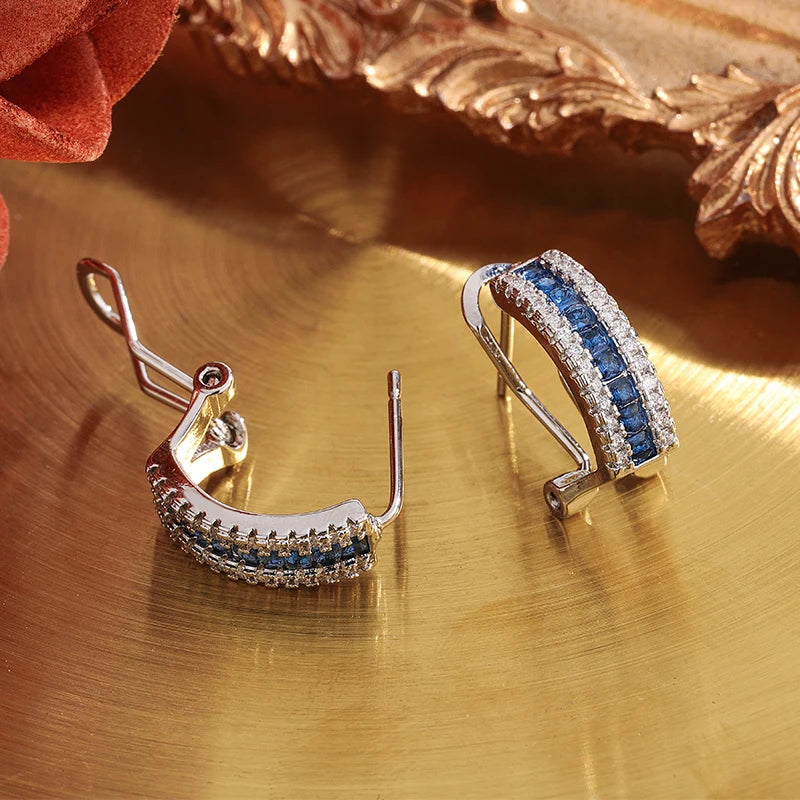 Sterling Silver Stud Earrings Blue Zircon — Blue | KIMLUD