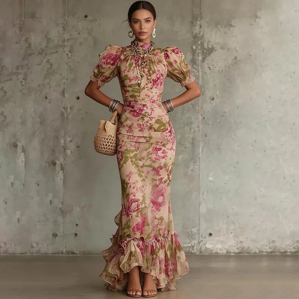 A-Line Floral Polyester Dress Maxi — Beige | KIMLUD