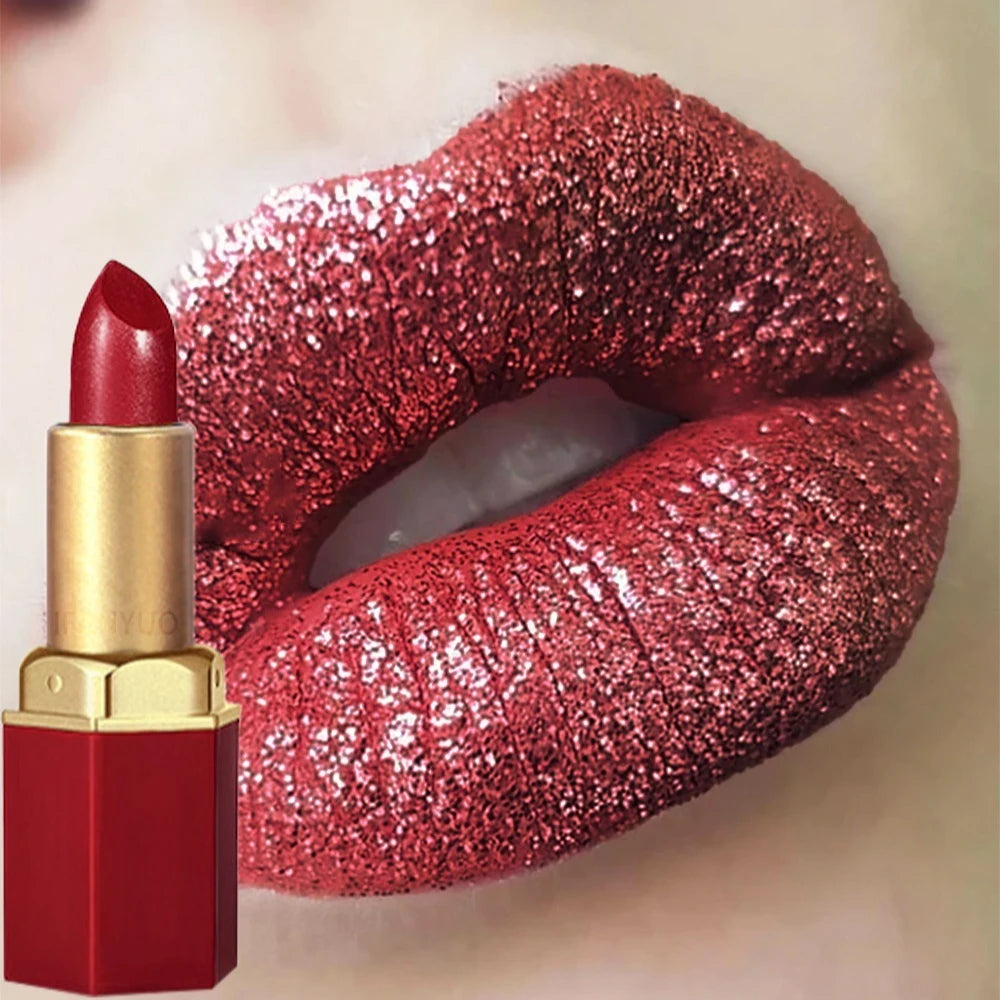 6 Colors Gold Bar Tube Lipstick Diamond Pearlescent Glitter Gold Pink Lips Stick Long-Lasting Non-Sticky High-Shine Makeup