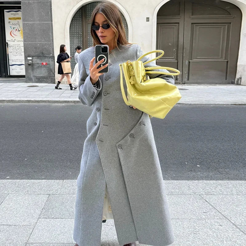 Women's Long Grey Woollen Coat O-neck Full Sleeve Asymmetric Button Design Elegant Silhouette Warm Outerwear 2025 Autumn Coat