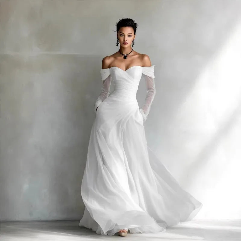 New Women's Sexy Strapless Net Silk Long Sleeved Party Dresses Spring Summer Fashion V Neck Elegant Ladies Formal Long Dress