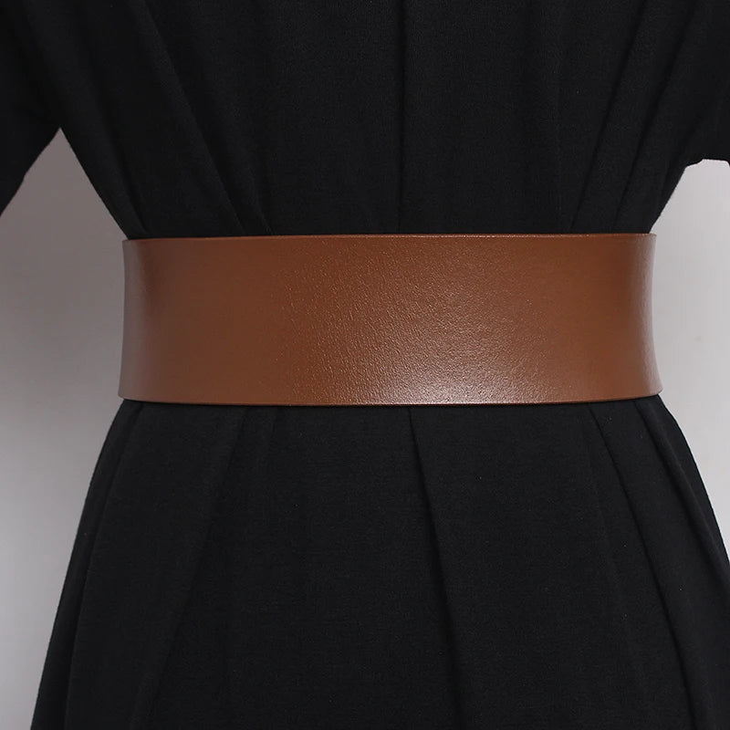 Women's Runway Fashion Gold Buckle Genuine Leather Cummerbunds Female Dress Corsets Waistband Belts Decoration Wide Belt R1108