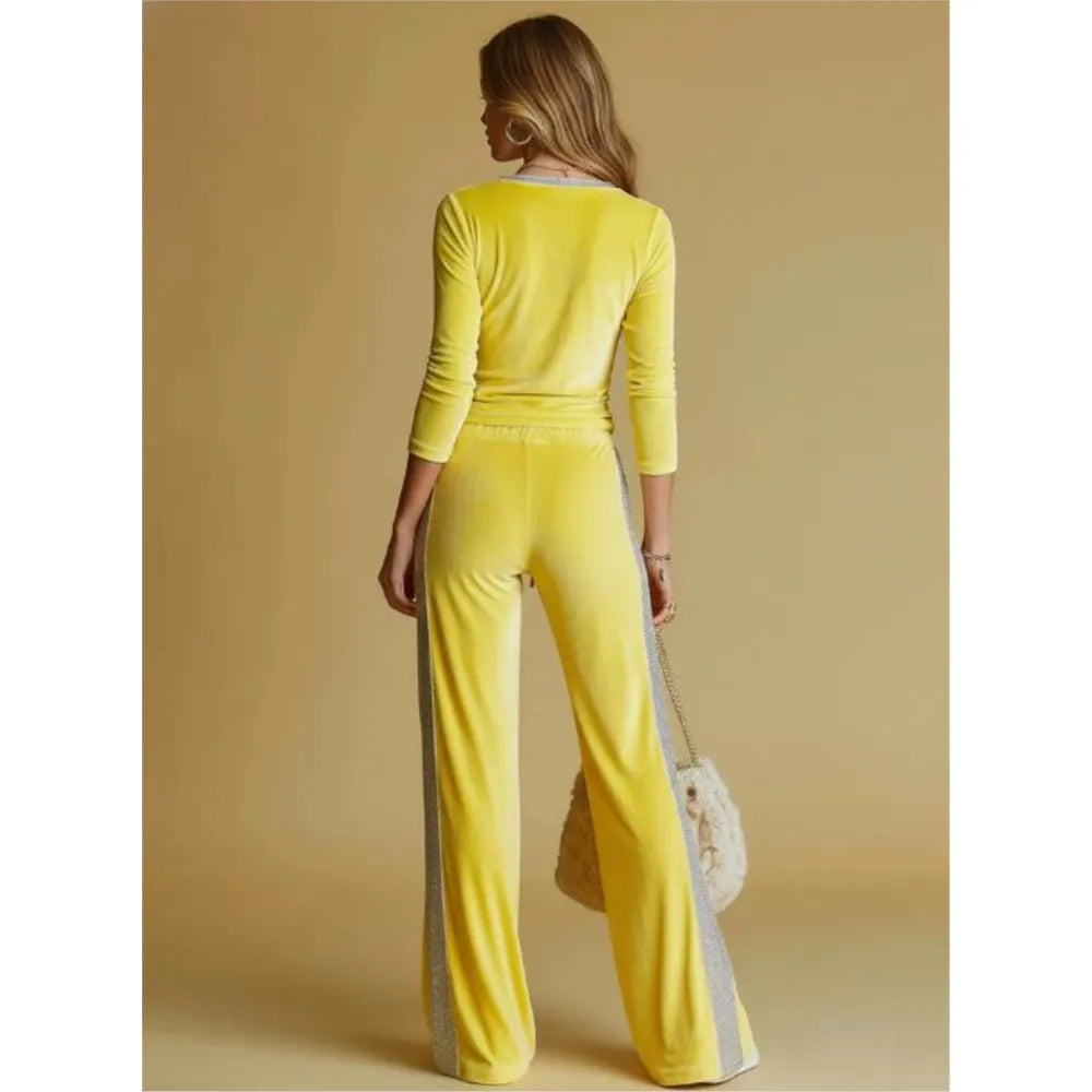 Velvet Two-Piece Set Spliced V-Neck Long Sleeve — Sun-Kissed Yellow | KIMLUD
