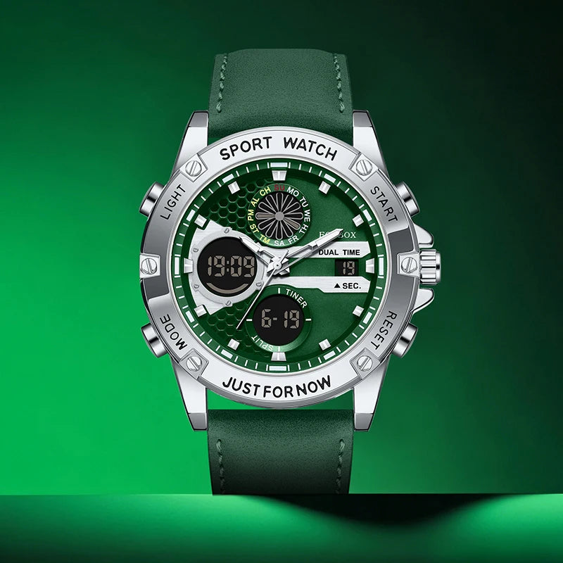 LIGE FOXBOX Fashion Electronic Watches for Men Leather Military Casual Sports Waterproof Dual Digital Display Quartz Chronograph