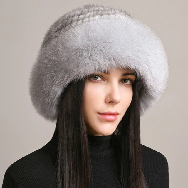 KIMLUD, New Genuine Real Natural Knitted Mink Fur Hat Cap Luxury Women Handmade Knit Fashion Winter Headwear Warm Real Fox Fur Beanies, KIMLUD Womens Clothes
